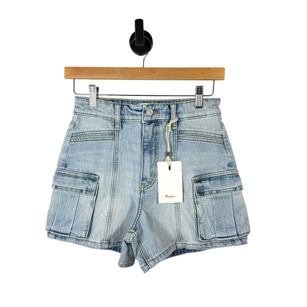 NWT Kancan Women’s Ashleigh Ultra High Rise Cargo Denim Shorts in Blue Size S